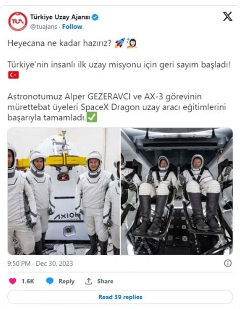 U­z­a­y­a­ ­Ç­ı­k­a­c­a­k­ ­İ­l­k­ ­T­ü­r­k­ ­A­s­t­r­o­n­o­t­u­n­ ­E­ğ­i­t­i­m­l­e­r­i­ ­T­a­m­a­m­l­a­n­d­ı­:­ ­İ­ş­t­e­ ­F­ı­r­l­a­t­ı­l­a­c­a­ğ­ı­ ­T­a­r­i­h­